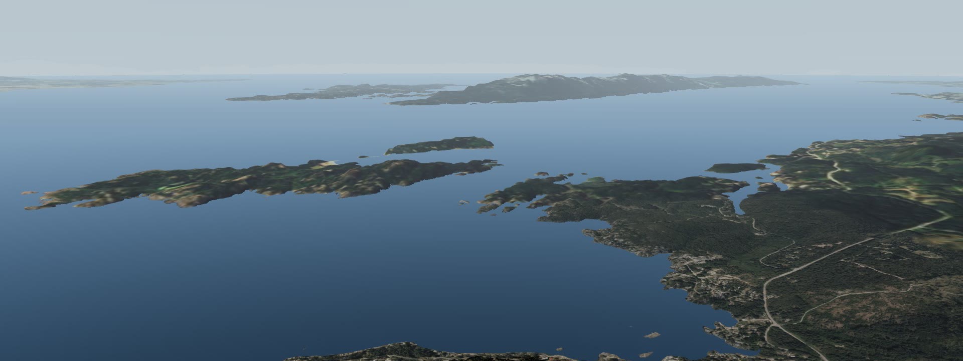 Halfmoon Bay and the islands off BC's Sunshine Coast, seen in a measured 3D model. Opens the live model.